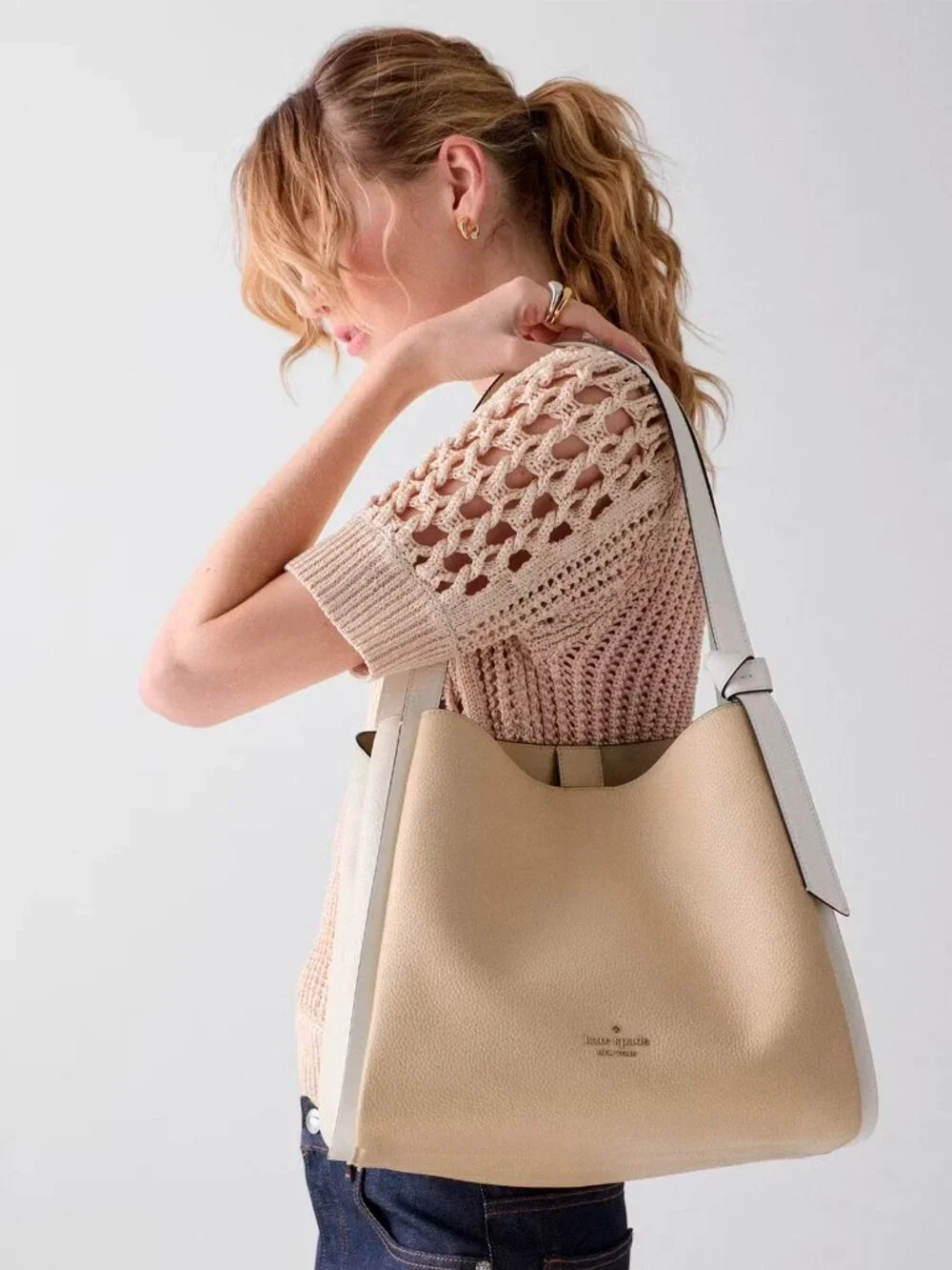 S Kate Spade Knott Large Shoulder Bag Beige & Ivory Leather Purse KM662 NWT $399